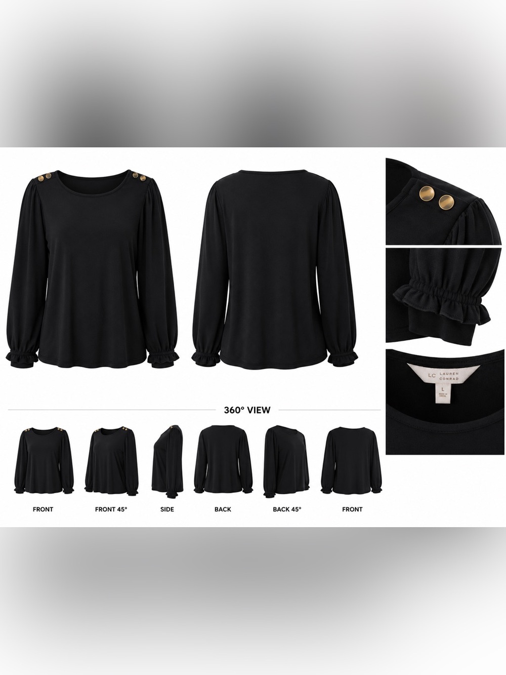 EUC LC Lauren Conrad Black Long-Sleeve Top w/Ruffle Cuffs &Shoulder Buttons LG